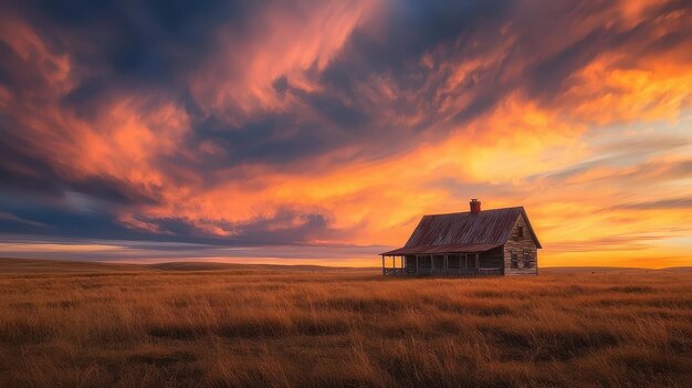 Photo dramatic sunset sky over rustic cabin in grassland field