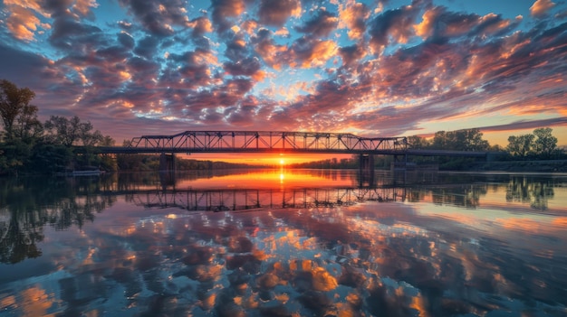 Dramatic sunset over a steel truss bridge spanning a wide river with colorful clouds reflected in the water