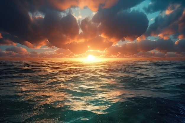 Dramatic sunset over a tranquil ocean with billowing clouds