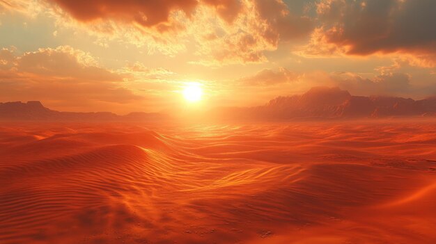 Photo dramatic sunset over a vast red sand desert with distant mountains