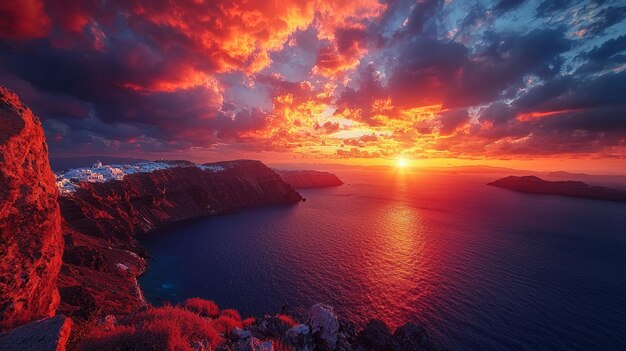 Photo dramatic sunset over volcanic cliffs and aegean sea