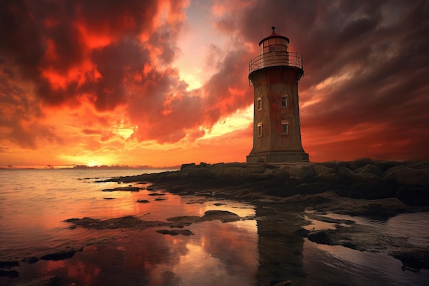 Dramatic sunset behind a weathered lighthouse tower created with generative ai