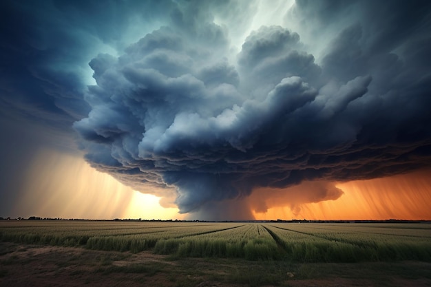 Dramatic supercell storm with rain over open fields