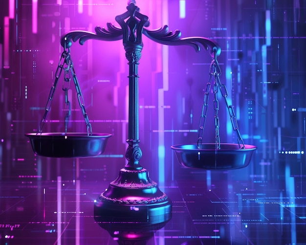 Photo a dramatic surreal and unique backdrop with a 3d animation of a lawyer scale set against a striking digital background