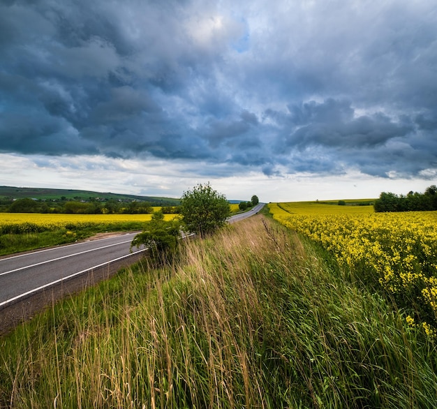 Dramatic thunderstorm cloud over countryside and spring yellow rapeseed fields