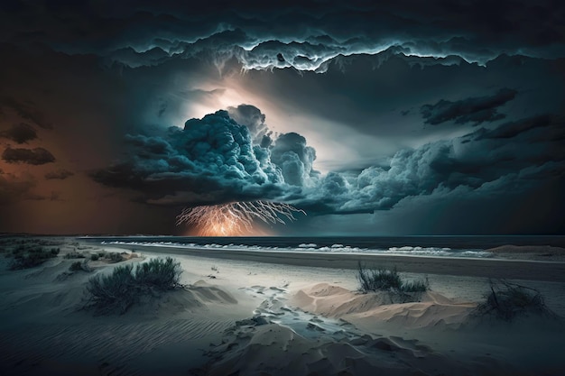 Dramatic thunderstorm over sea and beach in evening hours generative ai