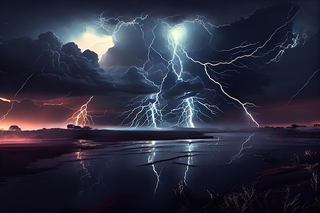 Dramatic thunderstorm with lightning bolts striking down on the horizon created with generative ai