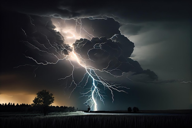 Dramatic thunderstorm with lightning strikes illuminating dark sky created with generative ai