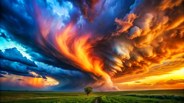 Photo dramatic tornado storm clouds at sunset with vibrant colors of orange purple and blue over a vast landscape