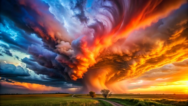 Photo dramatic tornado storm clouds at sunset with vibrant colors of orange purple and blue over a vast landscape