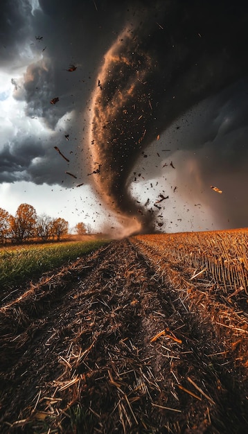 Photo dramatic tornado sweeping through farmland under dark ominous sky with swirling debris