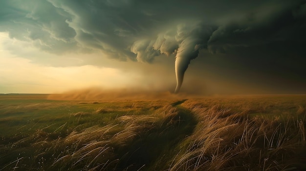 Dramatic tornado Unleashing chaos in a grass field stormscape AI Image