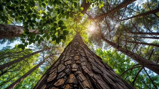 Photo a dramatic upward view of tall trees with sunlight filtering through the green leaves creating a sense of natural beauty and calm