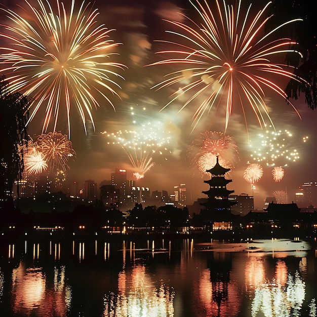 Dramatic and vibrant lunar new year fireworks display lighting up the night sky