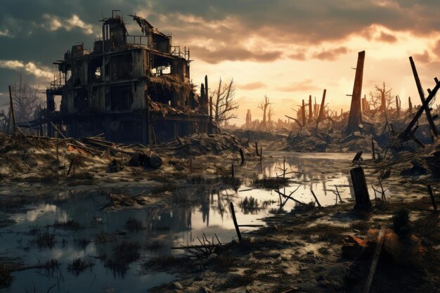 Photo dramatic view of derelict buildings against a fiery sunset sky in a desolate landscape