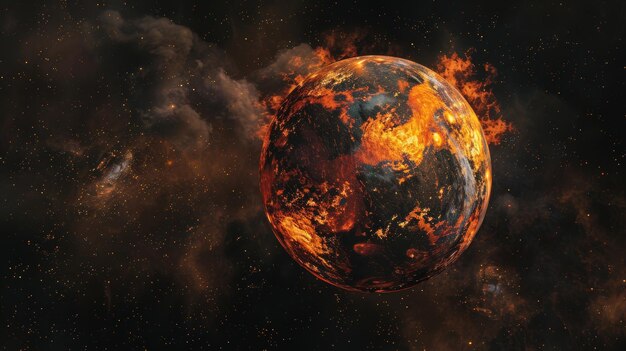 Photo dramatic view of earth from space planet engulfed in flames with fiery atmosphere and smoke