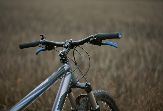 Dramatic view of mountain bike stands in grass field leisure time and cycling in freedom