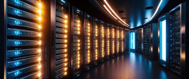 Photo dramatic view of a powerful server room showcasing modern technology and infrastructure