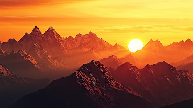 A dramatic view of sun setting behind range of jagged mountains creating stunning landscape