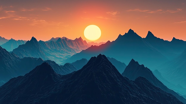 A dramatic view of sun setting behind range of mountains creating serene atmosphere