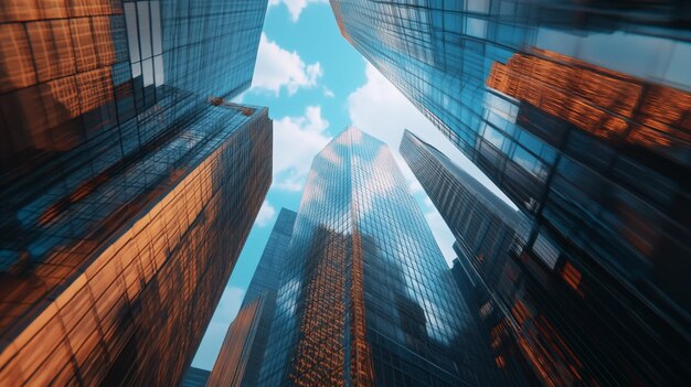 A dramatic view of towering skyscrapers and reflective glass facades in a vibrant urban setting on