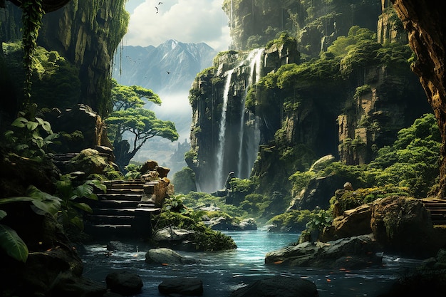 Dramatic Waterfall Flowing Through a Lush Canyon