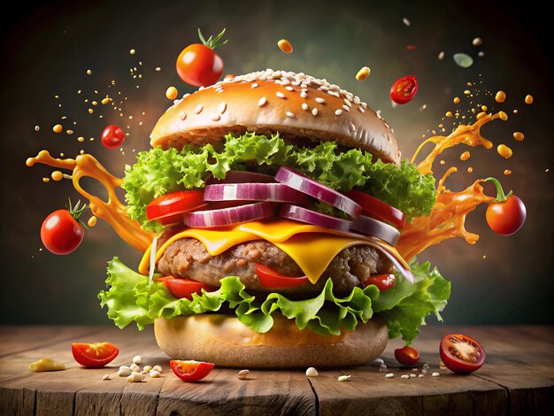 Dramatically Splashing Ingredients A Burger Surrounded by Dynamic Sauce Splatters