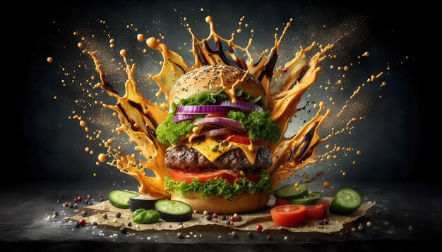 Photo dramatically splashing ingredients a burger surrounded by dynamic sauce splatters