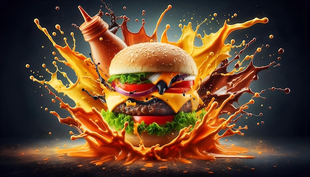 Photo dramatically splashing ingredients a burger surrounded by dynamic sauce splatters