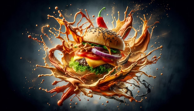 Photo dramatically splashing ingredients a burger surrounded by dynamic sauce splatters