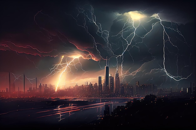 Dramtic thunderstorm over city skyline with lightning and rain created with generative ai