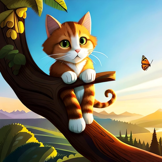 draw a cartoon cat in a tree with butterflies