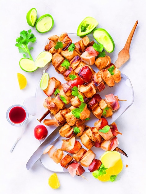 Draw Chicken Kebabs with ingredients around style watercolor image