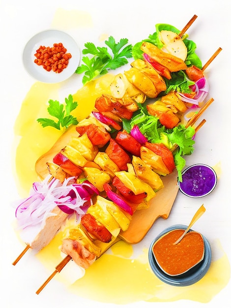 Draw Chicken Kebabs with ingredients around style watercolor image