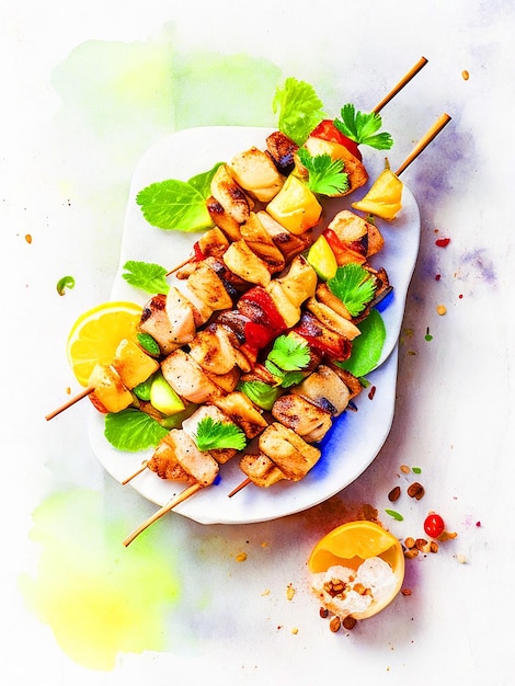 Draw Chicken Kebabs with ingredients around style watercolor image