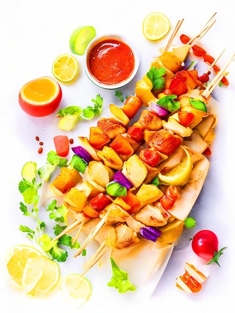 Draw Chicken Kebabs with ingredients around style watercolor image