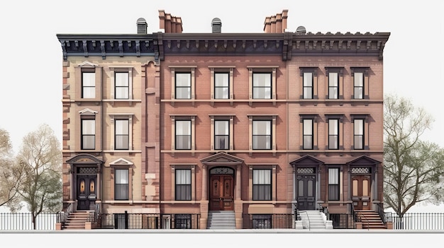 Photo draw a detailed elevation of a historic brownstone building highlighting its brick facade ornate cornices and classic urban charm