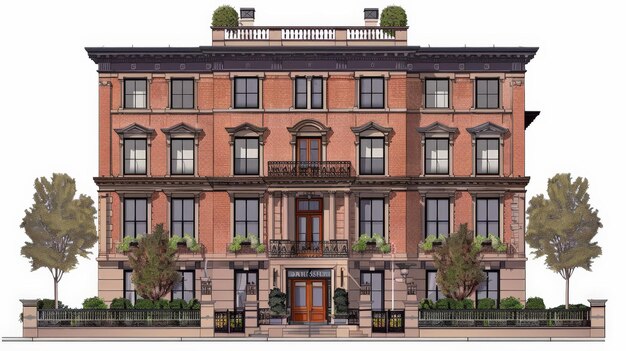 Photo draw a detailed elevation of a historic brownstone building highlighting its brick facade ornate cornices and classic urban charm