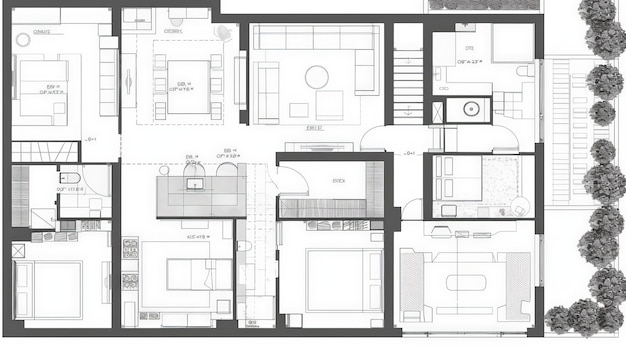 Photo draw a detailed floor plan for a luxury apartment showing the layout of rooms balconies and interior design elements