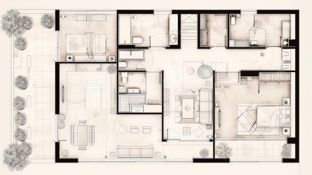 Photo draw a detailed floor plan for a luxury apartment showing the layout of rooms balconies and interior design elements