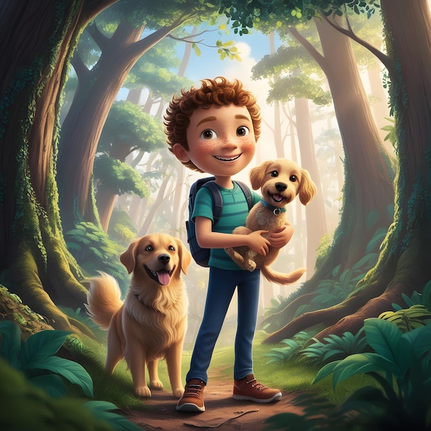 Draw Lucas a smiling boy holding his faithful friend the dog as they walk through the forest