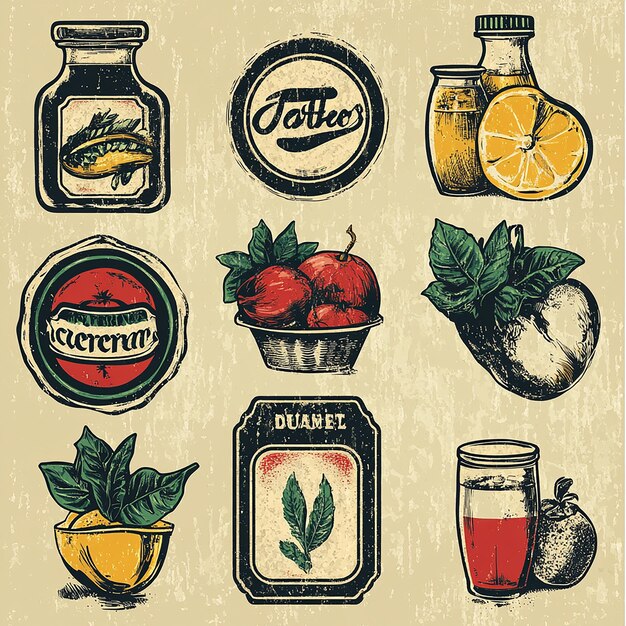 Draw a set of retroinspired product labels