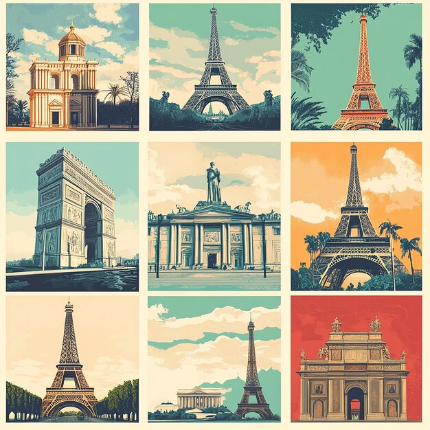 Photo draw a set of retrostyle posters featuring famous places