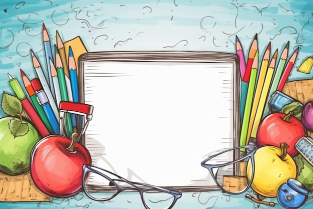 drawed back to school items with copy space on board background