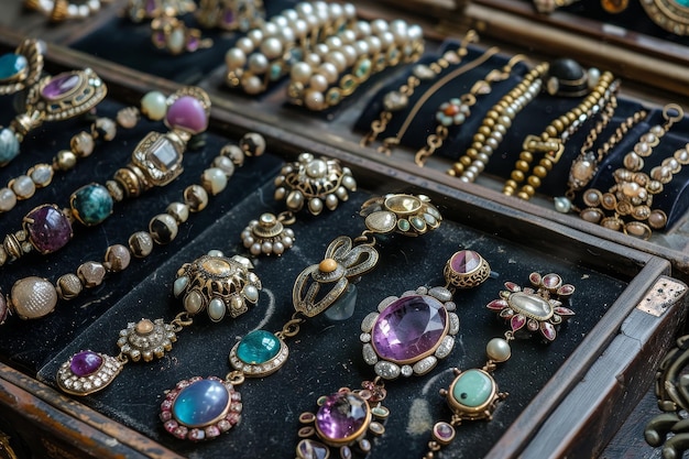 A drawer filled with various types of jewelry and gemencrusted accessories Antique jewelry and gemencrusted accessories