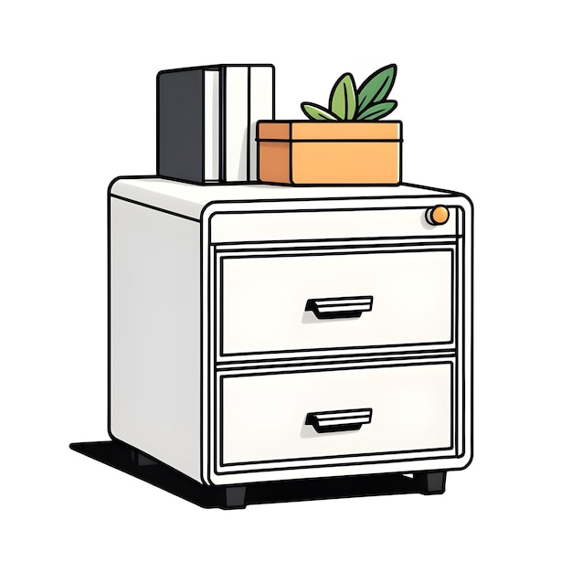 Drawer With Books And Plant Vector Illustration In Cartoon Style