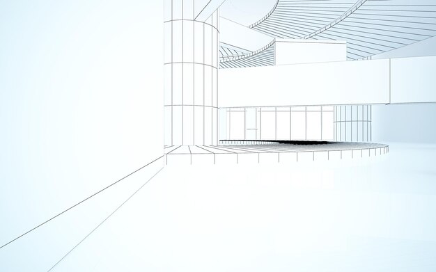 Drawing abstract architectural white interior of a minimalist house with large windows 3D