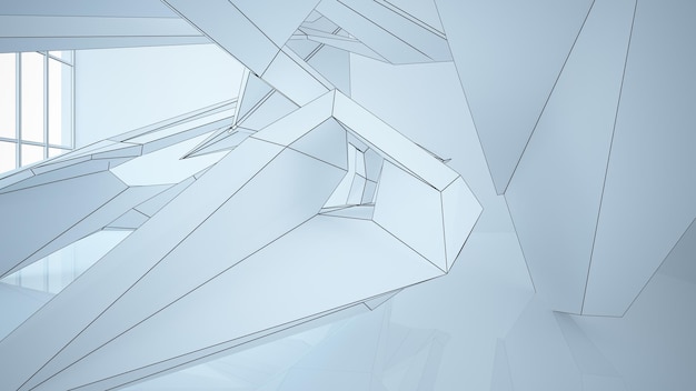 Drawing abstract architectural white interior of a minimalist house with large windows 3D