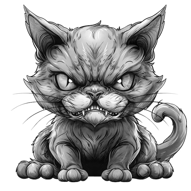 a drawing of an angry cat in black and white mode