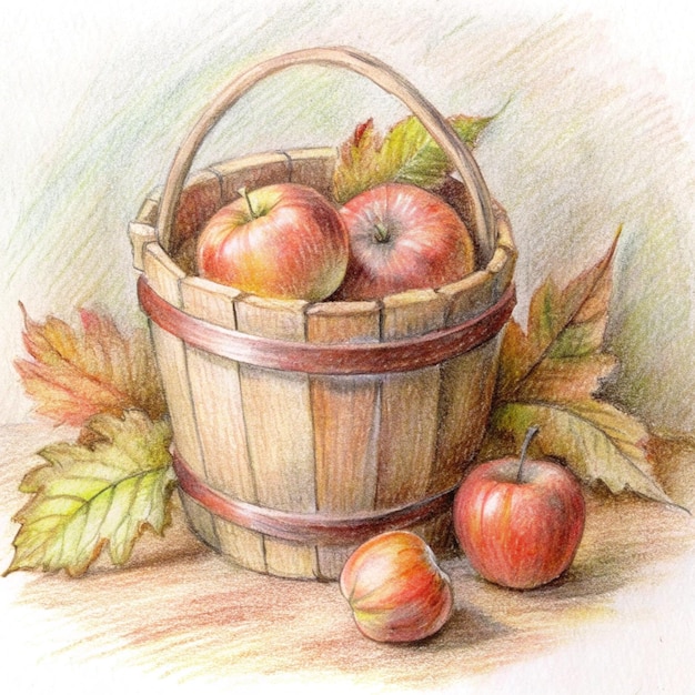 a drawing of apples and leaves on a table